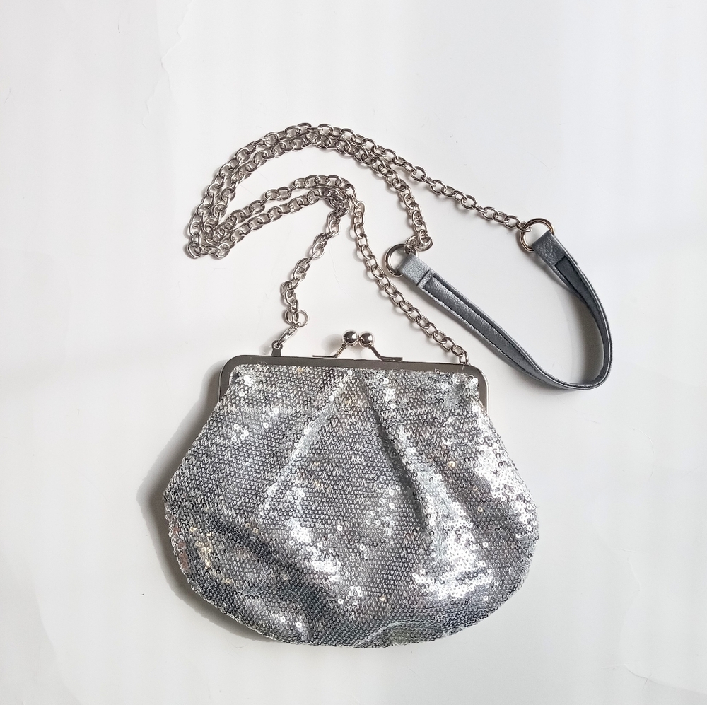 Sequin Sparkle Silver Chain Crossbody Formal Evening Purse Clutch